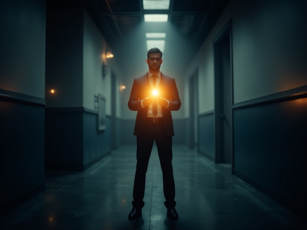 Ein Mann in einem Bürokorridor, der innere Stärke und den Weg zur Selbstfindung in einer schwierigen Umgebung symbolisiert.