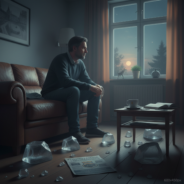 Ein einsamer Mann in einem hell erleuchteten Wohnzimmer, der von einer Barriere aus Eis umgeben ist, während ein schwaches Licht auf einen Flyer fällt