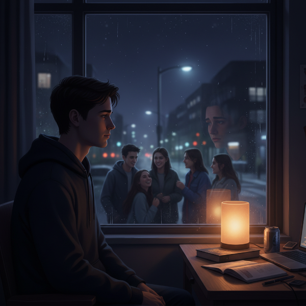 Ein einsamer junger Mann in einer neuen Stadt blickt nachts aus dem Fenster und fühlt sich unsichtbar, während ein warmes Licht auf seinem Schreibtisch Hoffnung symbolisiert.