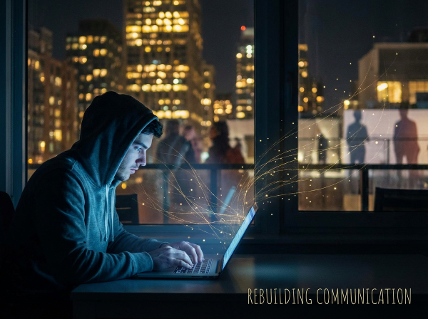 Ein junger Mann fühlt sich in seinem Homeoffice einsam, während draußen das soziale Leben tobt. Ein Lichtnetzwerk symbolisiert den Wunsch nach Verbindung.