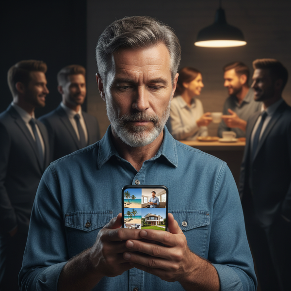 Ein Mann mittleren Alters reflektiert über den Kontrast zwischen digitaler Scheinwelt und realer Verbindung.