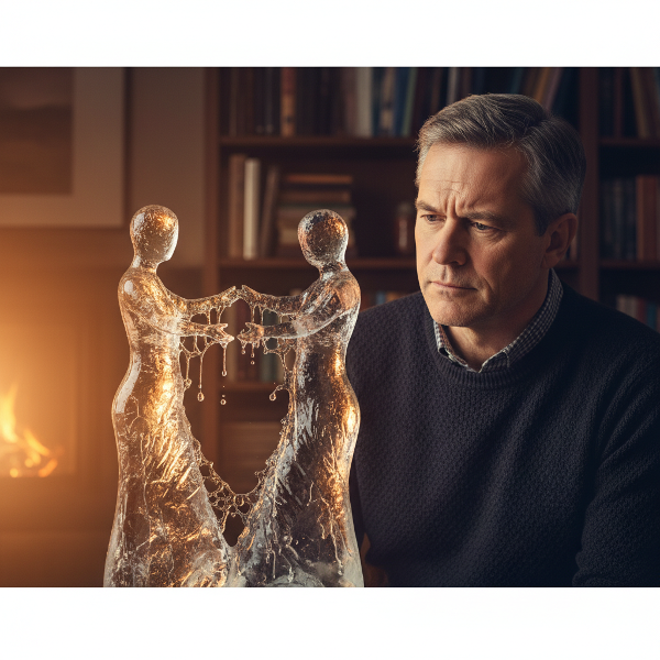 Ein Mann betrachtet eine zerbrechliche Eisskulptur zweier Figuren, während warmes Licht die emotionale Distanz zu schmelzen beginnt.