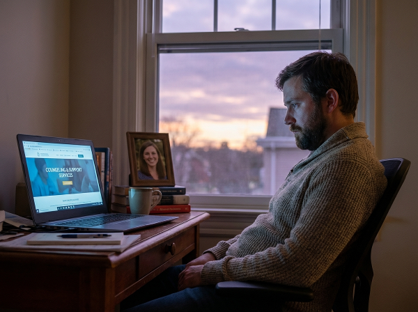 Ein Mann sitzt nachdenklich vor seinem Computer, auf dem eine Beratungswebsite zu sehen ist, während er ein Foto seiner Frau betrachtet - ein Bild der beruflichen Verpflichtung und privaten Distanz.