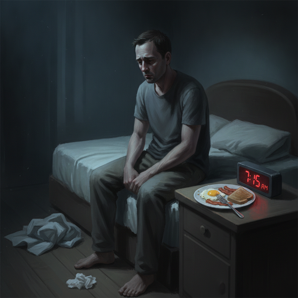 Ein erschöpfter Mann sitzt in einem dunklen Zimmer auf dem Bett, zeigt Symptome von Depression wie Appetitlosigkeit und Antriebslosigkeit.