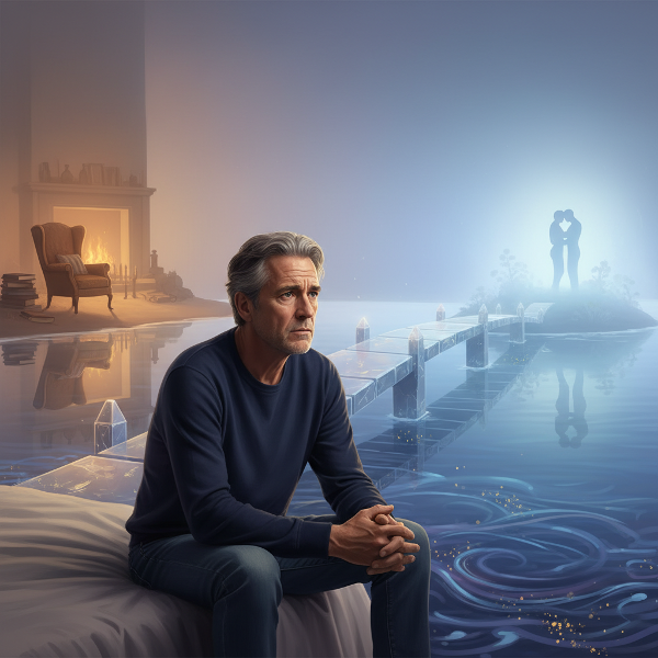 Ein Mann steht auf einer Brücke zwischen vertrauter und neuer Uferseite, symbolisiert innere Konflikte nach langer Beziehung und den vorsichtigen Weg zu neuer Nähe.