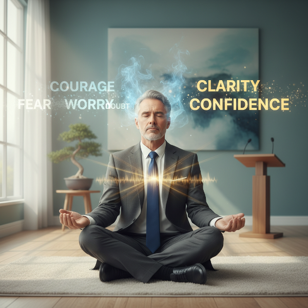 Ein älterer Herr übt vor einem Vortrag Atemtechniken, um seine Nervosität zu überwinden und Selbstsicherheit zu gewinnen.