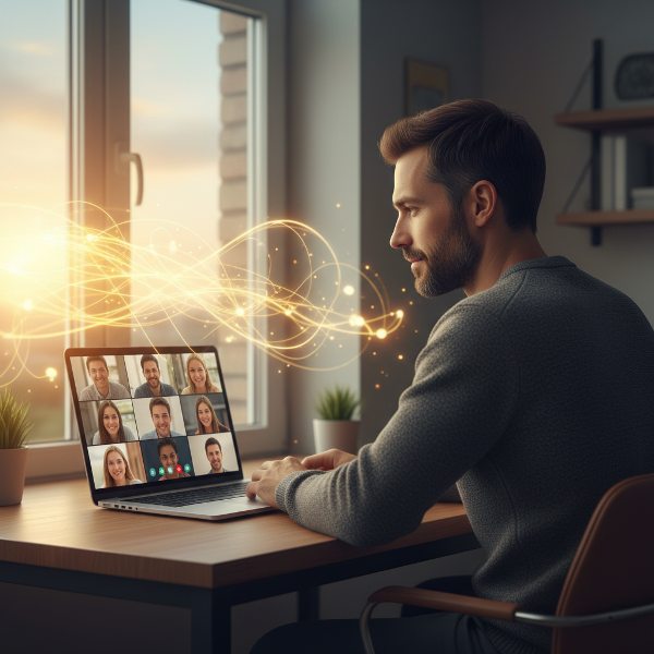 Ein Mann in seinem Homeoffice, der über soziale Verbindungen nachdenkt, die wie leuchtende Fäden dargestellt sind, die er wieder aufnehmen möchte.