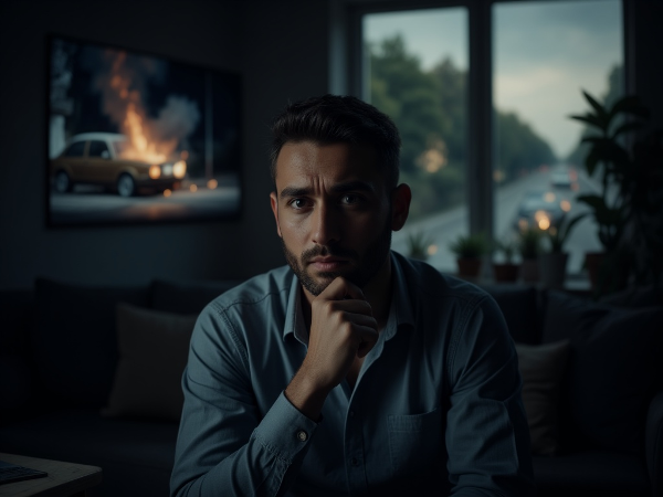 Ein Mann reflektiert über ein traumatisches Ereignis, während subtile Unfallbilder im Hintergrund erscheinen und ein Hoffnungsschimmer durch das Fenster fällt.