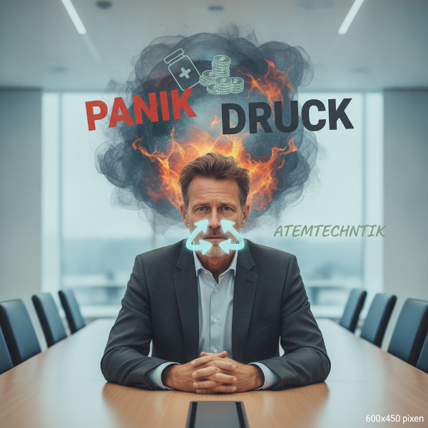 Ein Mann in einem Büro-Meeting mit sichtbaren inneren Ängsten wie Herzrasen und Gelddruck, umgeben von beruhigenden Elementen wie Atempfeilen und Unterstützungssymbolen