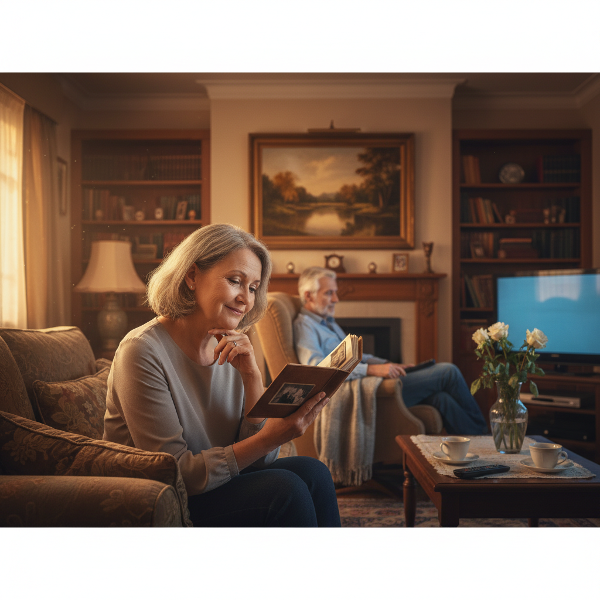 Ein Paar mittleren Alters in einem Wohnzimmer, das emotionale Distanz und unerfüllte Sehnsucht nach Nähe zeigt, aber auch einen Funken Hoffnung.