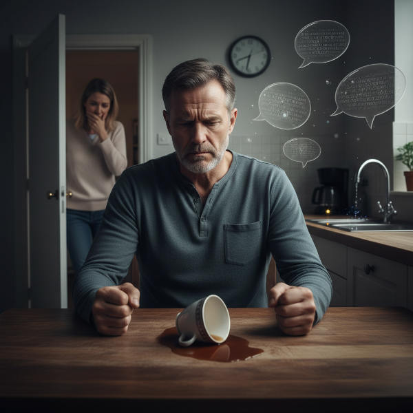 Ein Mann mittleren Alters erlebt emotionale Überlastung und Wutausbrüche in der Familie, umgeben von sensorischen Reizen, die ihn überfluten.