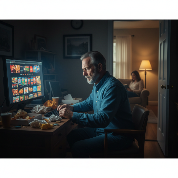 Ein Mann in Midlife-Crisis, gefangen im Teufelskreis aus nächtlichem Online-Glücksspiel, zwanghaftem Essen und emotionaler Distanz zu seiner Frau.