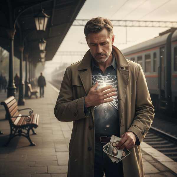Ein Mann in den Vierzigern steht nachdenklich an einem Bahnsteig und betrachtet einen abfahrenden Zug, während er Familienfotos hält - ein Symbol für Sinnkrise und innere Leere.