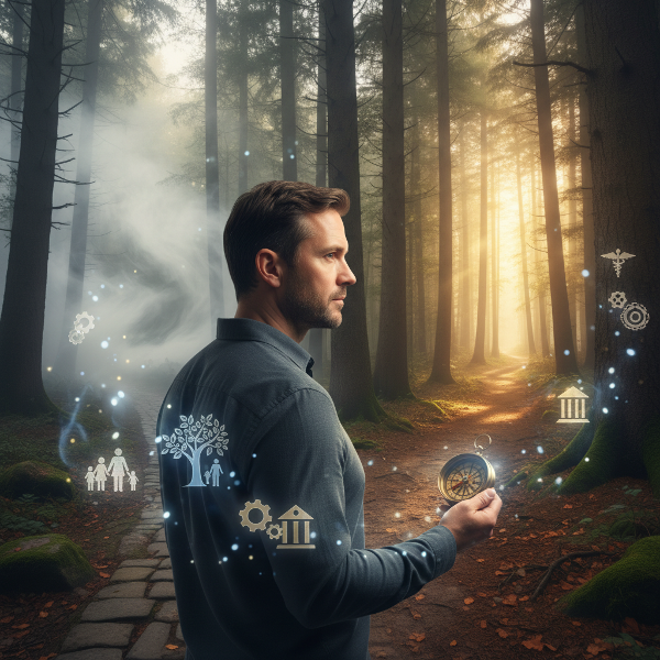 Ein Mann in den Vierzigern an einem Scheideweg im Wald, der mit einem Kompass in der Hand in eine neue, sonnige Zukunft blickt, während Symbole für Familie und Beruf ihn umgeben.