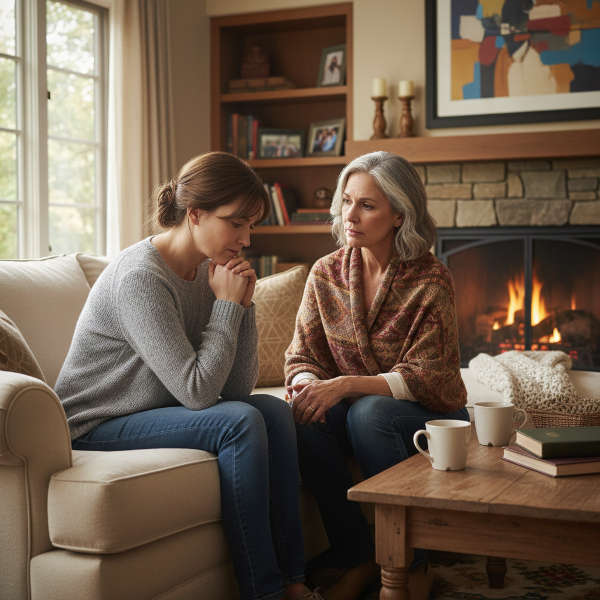 Eine einfühlsame Mutter im Gespräch mit ihrer erwachsenen Tochter in einem Wohnzimmer, die Stimmung ist fürsorglich und unterstützend.