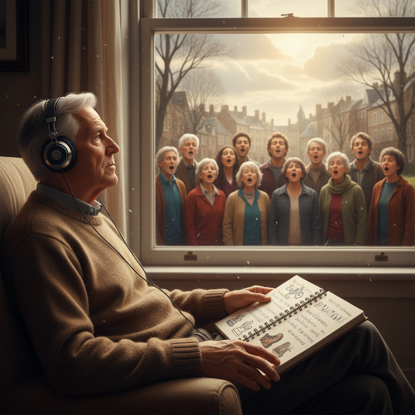 Ein 61-jähriger Mann bei der Selbstreflexion mit Symbolen für kleine Schritte, Musik und sozialen Kontakt.