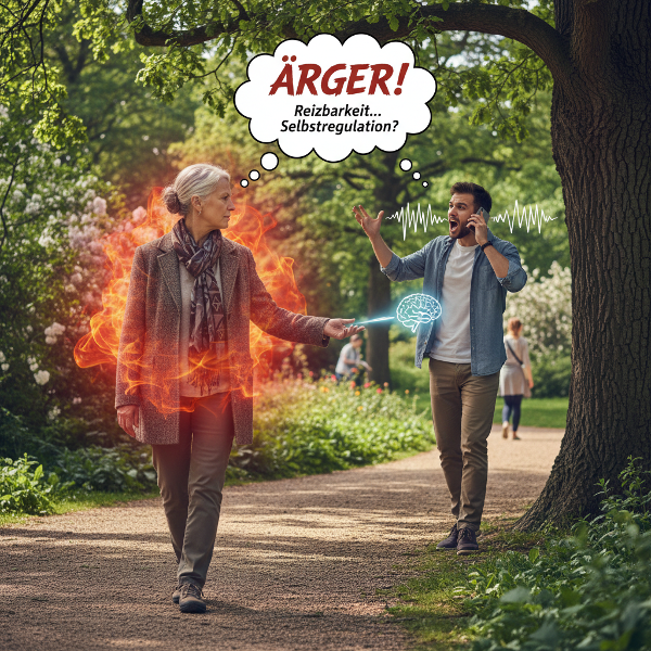 Eine ältere Frau, die im Park spazieren geht, wird durch einen laut telefonierenden Mann gestört und erlebt innere Wut und Reflexion.