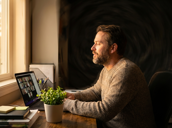 Ein Therapeut in seinem Homeoffice, der zwischen der digitalen Praxis und einer diffusen, hinter ihm lauernden Angst navigiert, während ein Hoffnungsschimmer auf dem Schreibtisch wächst.