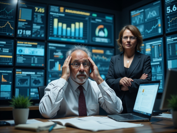 Ein gestresster Buchhalter mittleren Alters am Arbeitsplatz, umgeben von technischen Herausforderungen, mit einer einfühlsamen Psychologin, die Unterstützung und Perspektive für die letzten Berufsjahre bietet.