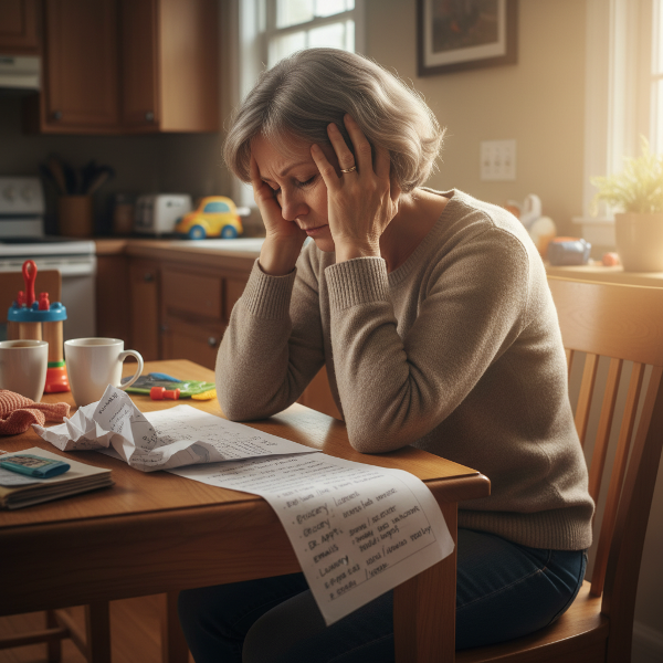 Eine erschöpfte Frau mittleren Alters fühlt sich von Pflegeaufgaben, Haushalt und Beruf überfordert, während ein symbolisches Licht für professionelle Unterstützung und Entlastungsstrategien steht.