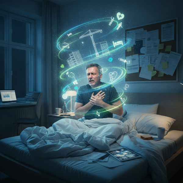 Ein erschöpfter Mann im Bett mit Herzrasen, umgeben von Symbolen für Bauarbeit, Pflege und Familie.