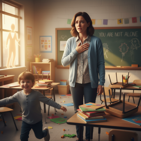 Eine Grundschullehrerin fühlt sich im Klassenzimmer überfordert, während ein Kind rennt. Eine warme Lichtpräsenz symbolisiert psychologische Unterstützung und Selbstfürsorge.