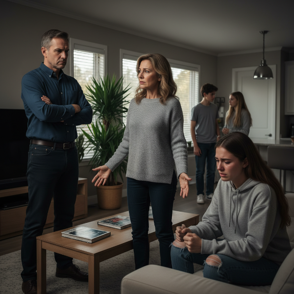 Eine Frau steht zwischen ihrem strengen Partner und ihrer erwachsenen Tochter in einem familiären Konflikt um Regeln und Autonomie.