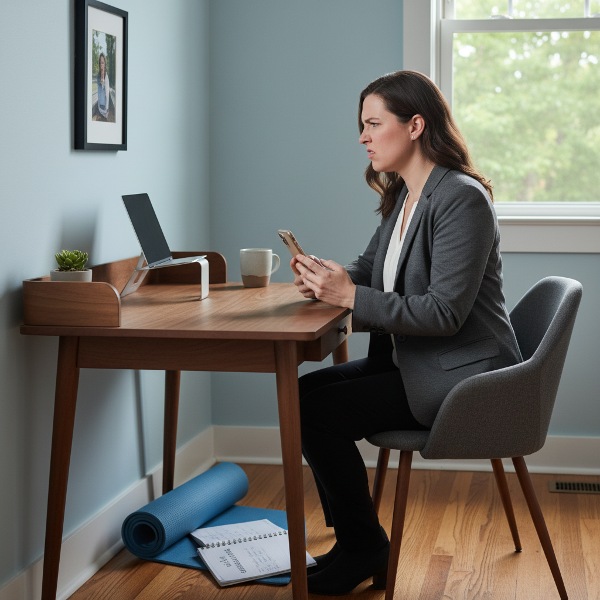 Eine Frau mittleren Alters in einem perfekt aufgeräumten Homeoffice, die unterdrückte Wut zeigt, während ihre geplante Routine durch einen Anruf gestört wird.