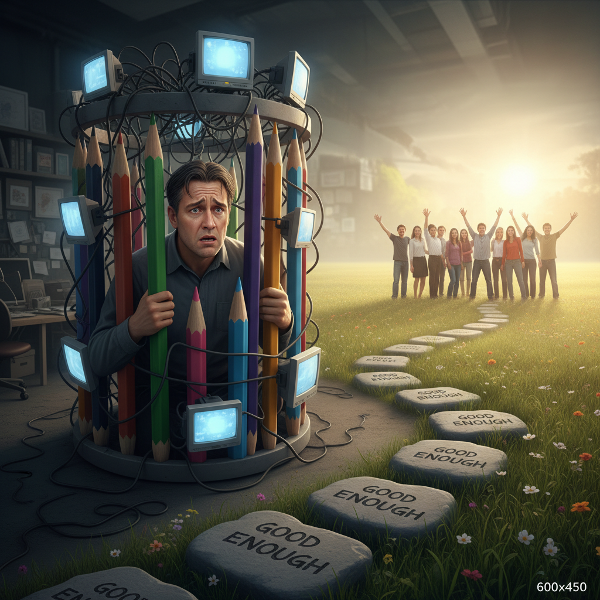 Ein gestresster Mann ist in einem Käfig aus übergroßen Stiften gefangen, während ein Pfad mit 'gut genug'-Steinen in eine sonnige, freie Landschaft führt.