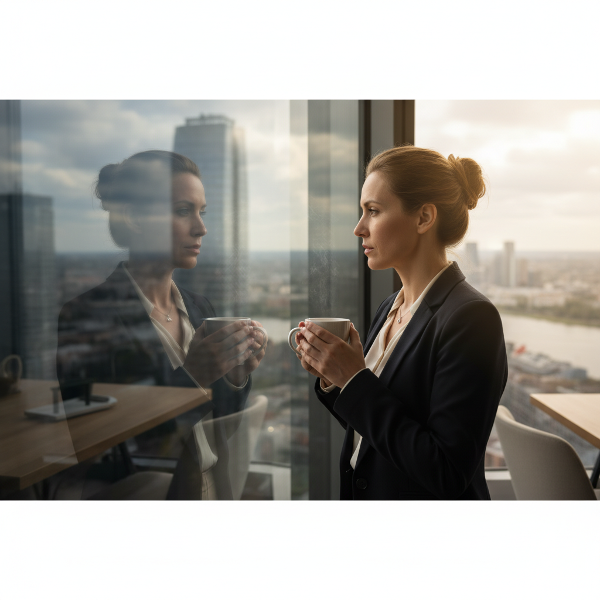 Eine Frau in einem Büro betrachtet nachdenklich ihr Spiegelbild, während sich im Hintergrund die Stimmung von Schatten zu Licht wandelt.