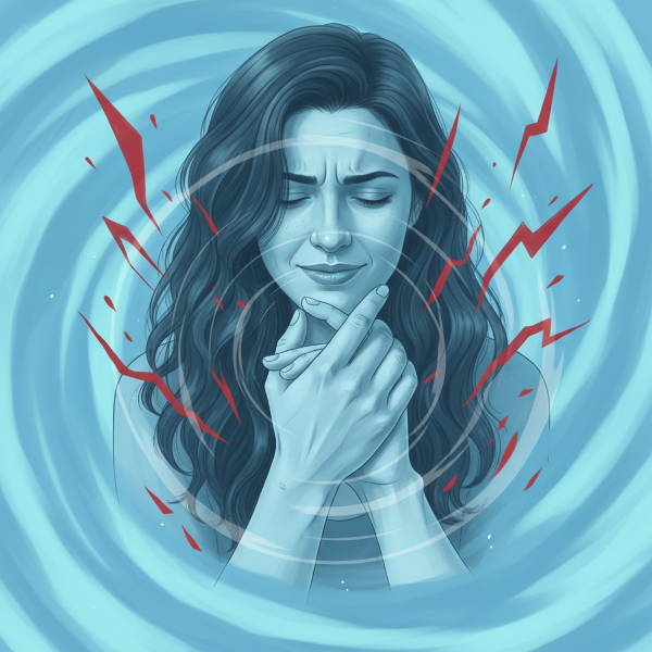 Eine Frau im Konflikt zwischen Selbstverletzung und Selbstfürsorge, mit abstrakter Darstellung des Stress-Erleichterungs-Zyklus.
