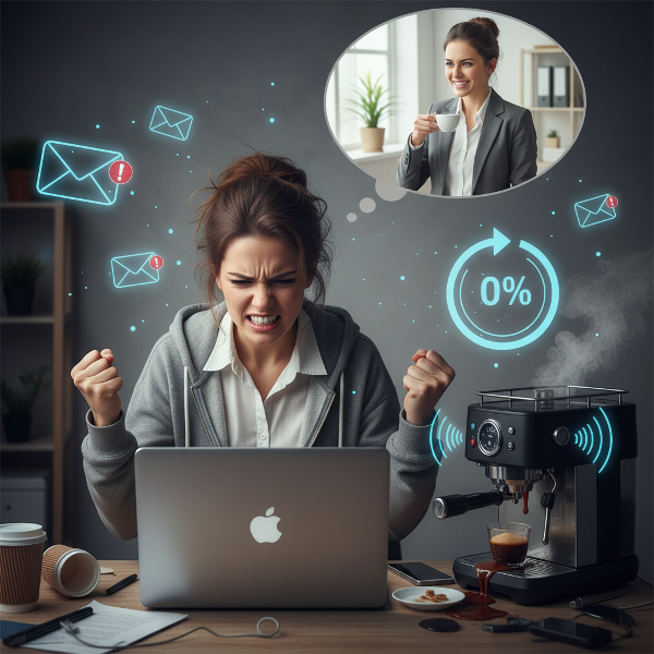 Eine junge Selbstständige erlebt bei der Heimarbeit intensive Reizbarkeit durch Alltagsstörungen, während ihre geduldige Berufsrolle kontrastiert.