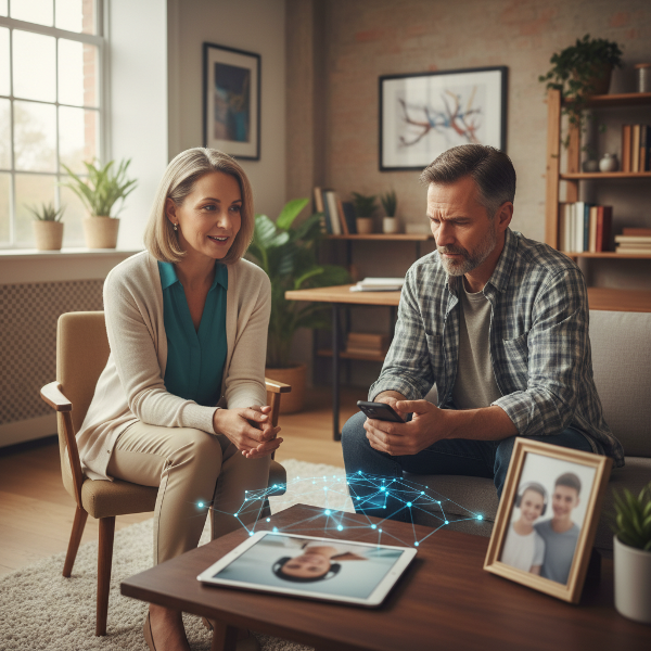 Eine einfühlsame Psychologin berät einen besorgten Onkel über seinen sich zurückziehenden Teenager-Neffen in einem vertrauensvollen Gespräch.