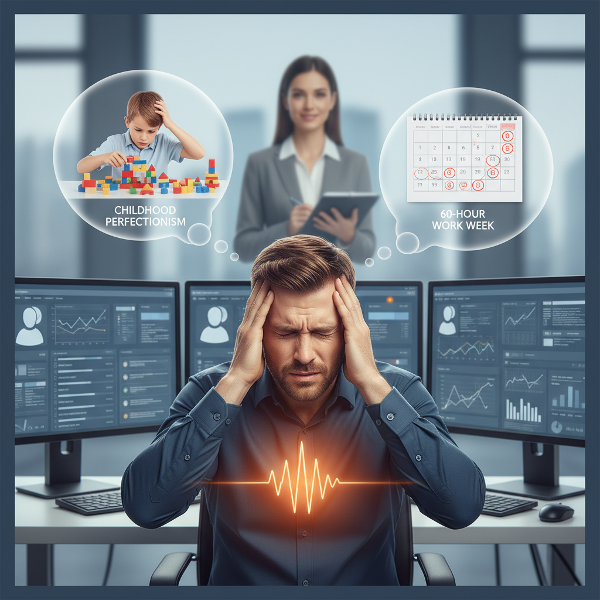 Ein gestresster Mann erlebt psychosomatische Symptome wie Schwindel und Brustdruck bei der Arbeit, umgeben von Symbolen für Perfektionismus und innere Konflikte.