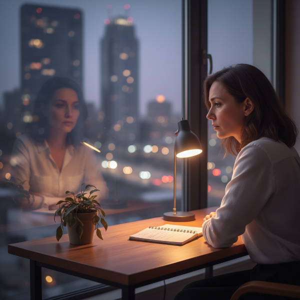 Eine erschöpfte Psychologin betrachtet nachts ihr Spiegelbild im Fenster, umgeben von Symbolen ihrer Arbeit und Erschöpfung.