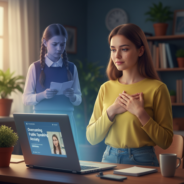 Eine Psychologin steht vor ihrem Laptop für ein Webinar, während eine geisterhafte Erinnerung an eine ängstliche Schulpräsentation im Hintergrund auftaucht.