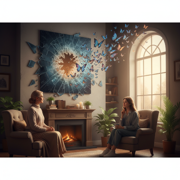 Eine einfühlsame Psychologin begleitet eine Frau bei der Traumaverarbeitung nach einem schweren Unfall, mit Symbolen der Heilung und Transformation.