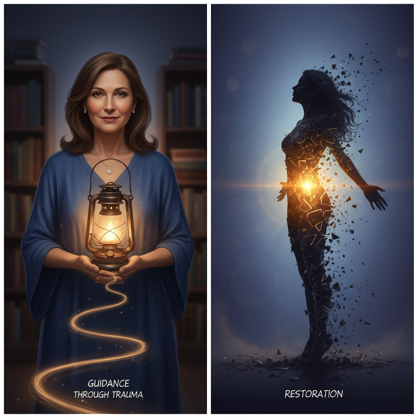 Ein Bild, das therapeutische Führung und innere Heilung nach traumatischer Gewalt symbolisiert.