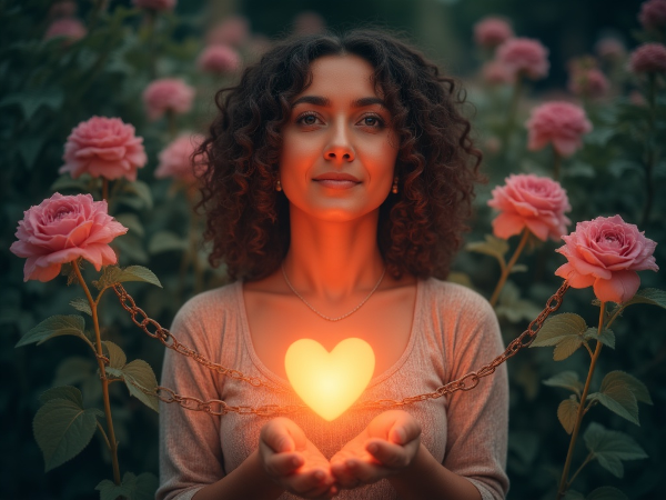 Eine Psychologin hält ein leuchtendes Herz, während zerbrochene Ketten und blühende Blumen symbolisieren, wie Selbstwert aus Selbstakzeptanz wächst