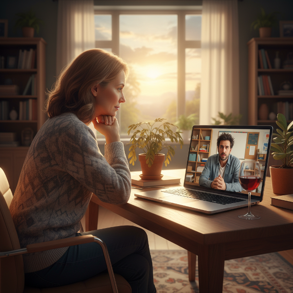 Ein Bild, das die emotionale Belastung einer Lehrerin im digitalen Unterricht und den Weg zur Selbstfürsorge symbolisiert.