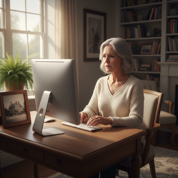 Eine Psychologin im Übergang zur Online-Praxis, zwischen Zweifel und dem Mut zum Neuanfang in ihrem Heimarbeitplatz.