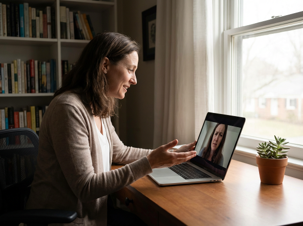 Eine Psychologin führt beruhigend ein Online-Beratungsgespräch mit einer ängstlichen Klientin, umgeben von einem hoffnungsvollen, warmen Licht.