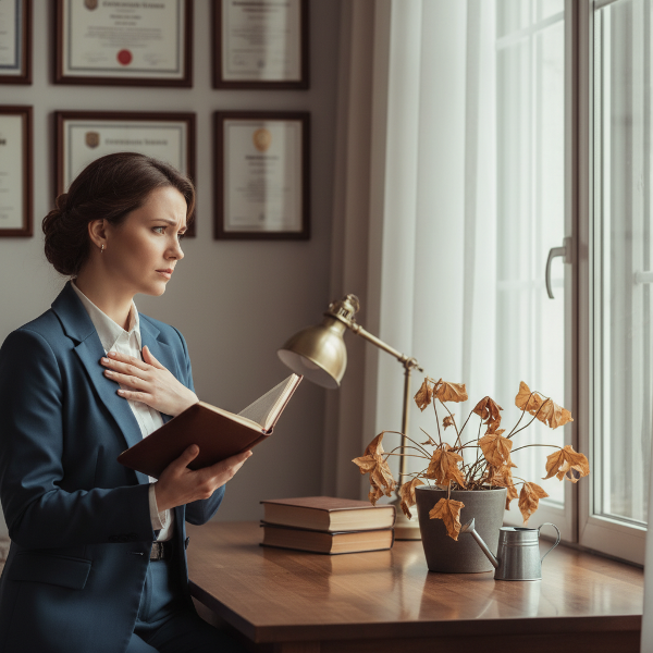 Eine Psychologin in ihrem Büro betrachtet nachdenklich ihr Spiegelbild, umgeben von Symbolen ihres beruflichen Erfolgs und persönlichen Zweifeln.