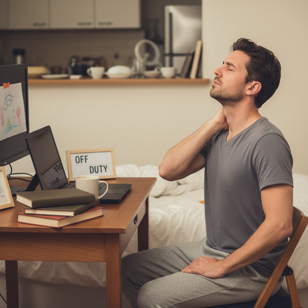 Ein Mann im Homeoffice erlebt verschwimmende Grenzen zwischen Beruf und Privatleben mit körperlichen Stresssymptomen, während Übergangsrituale helfen, mentale Barrieren zu durchbrechen.