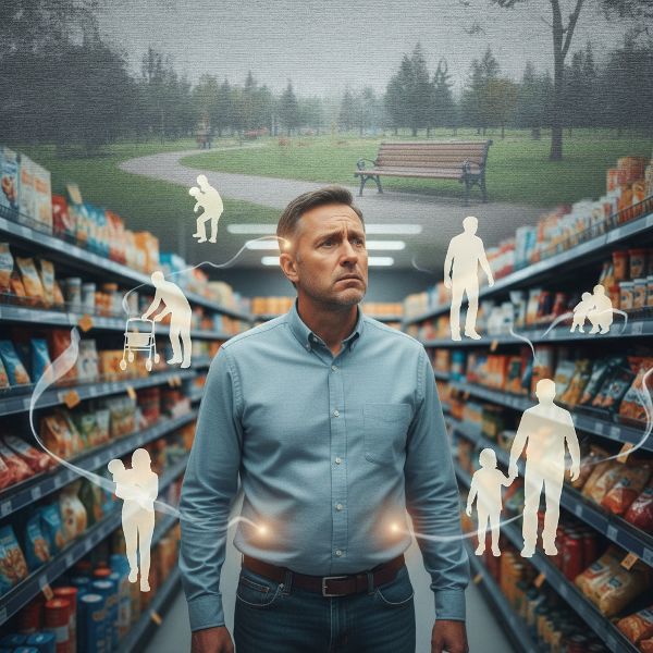 Ein Mann mittleren Alters erlebt innere Leere und körperliche Symptome im Ruhestand, umgeben von den Geistern seiner vergangenen Verantwortlichkeiten.