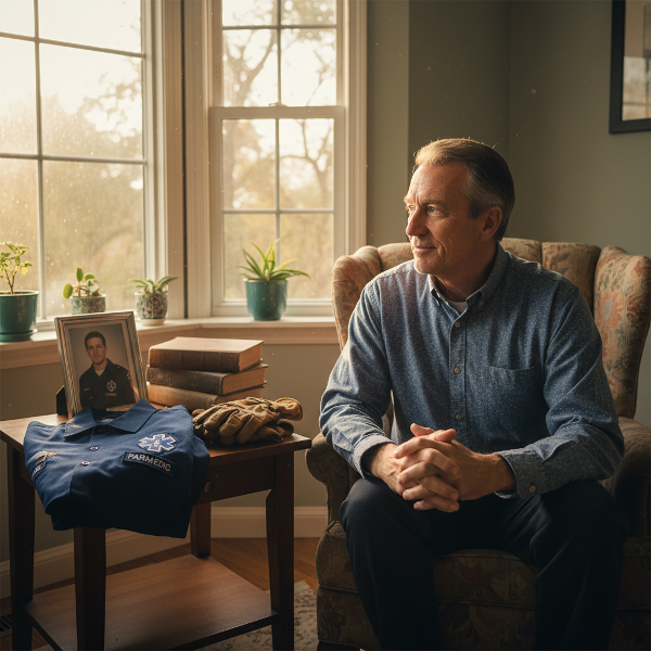 Ein früherer Rettungssanitäter in ruhiger Reflexion, symbolisierend die Verarbeitung eines zurückliegenden Traumas.