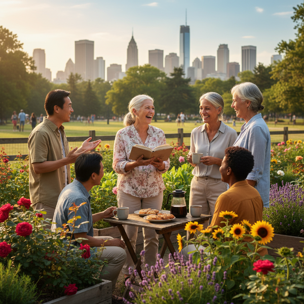 Eine Frau im Ruhestand findet Freude und soziale Verbindung in einem Gemeinschaftsgarten, umgeben von neuen Bekanntschaften und einer einladenden Atmosphäre.