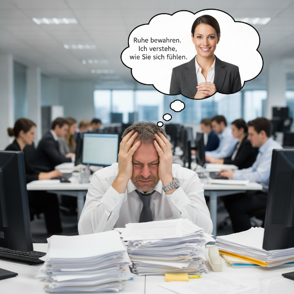 Ein Mann am Arbeitsplatz fühlt sich überfordert und wütend, während eine Psychologin symbolisch Unterstützung und Beratung anbietet.