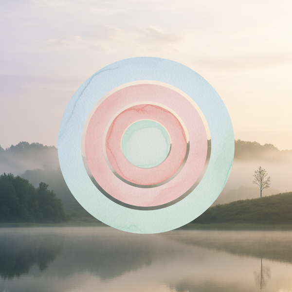 Drei ineinander verschlungene farbige Kreise in einer friedlichen Landschaft symbolisieren die Harmonie von emotionalem, psychischem und sozialem Wohlbefinden.