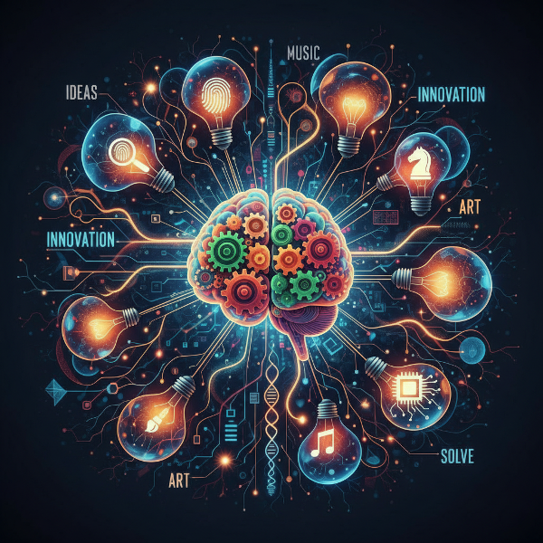 Eine abstrakte Darstellung eines Gehirns als leuchtendes Netzwerk, in dem Ideen wie Glühbirnen aus Verbindungen zwischen Zahnrädern und Farbformen entstehen.